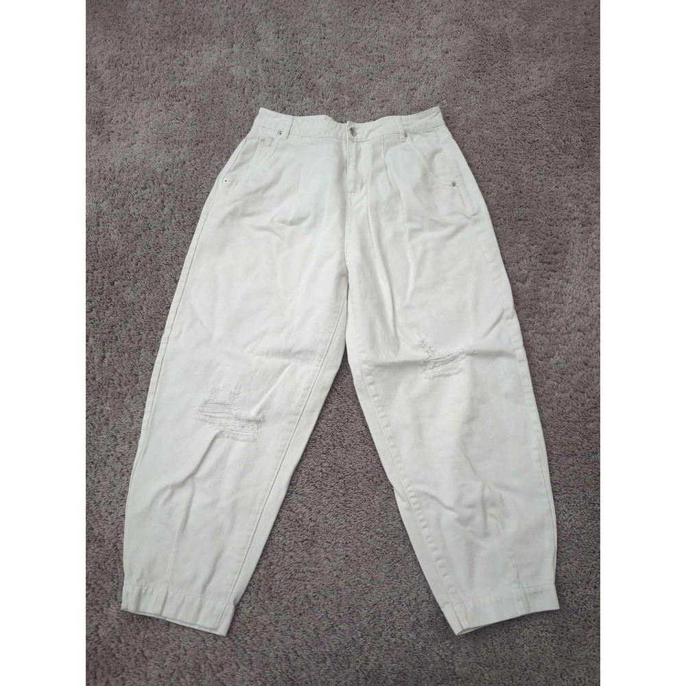Generation Love Jeans Womens‎ 28" White High Rise Barrel Leg Ripped Crop Pleated